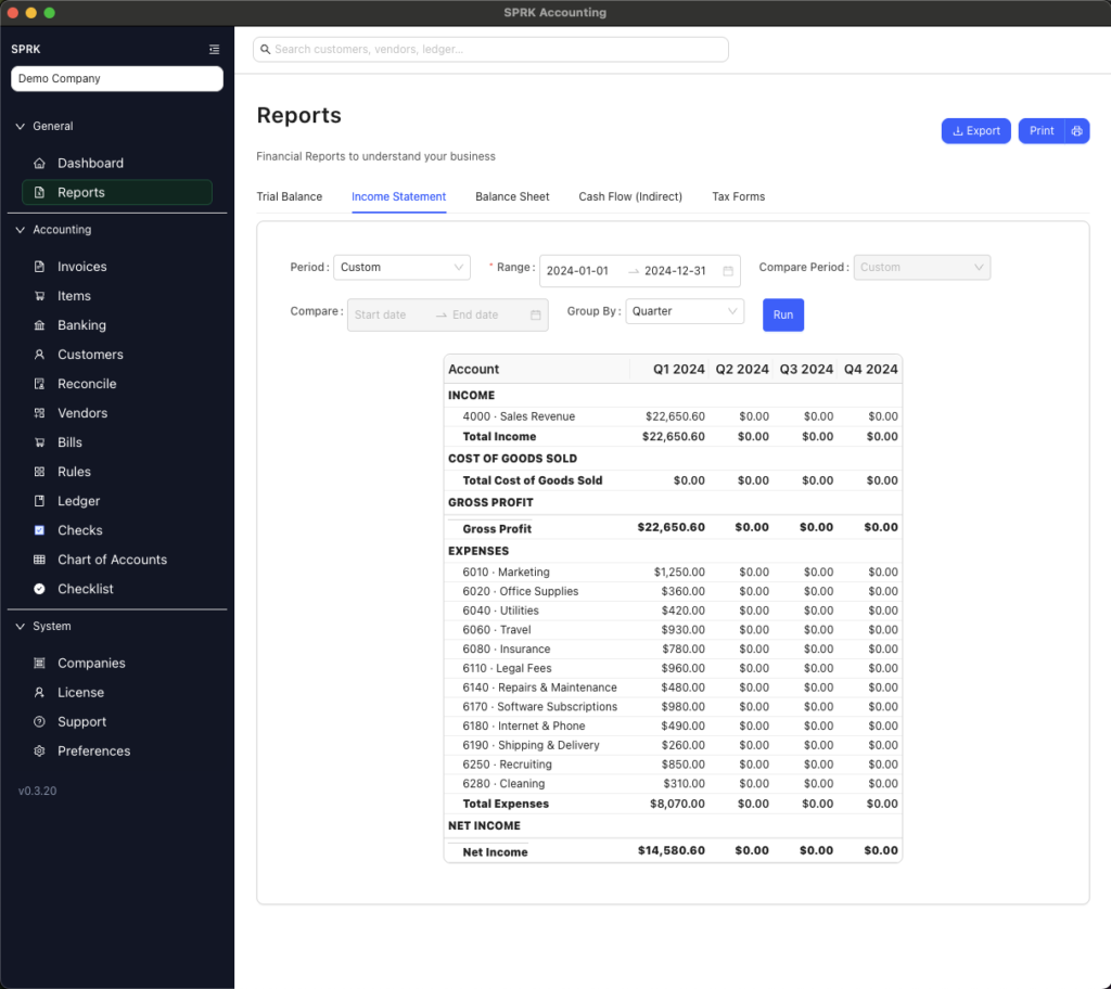 SPRK Accounting Software Income Statement, Profit & Loss, P&L