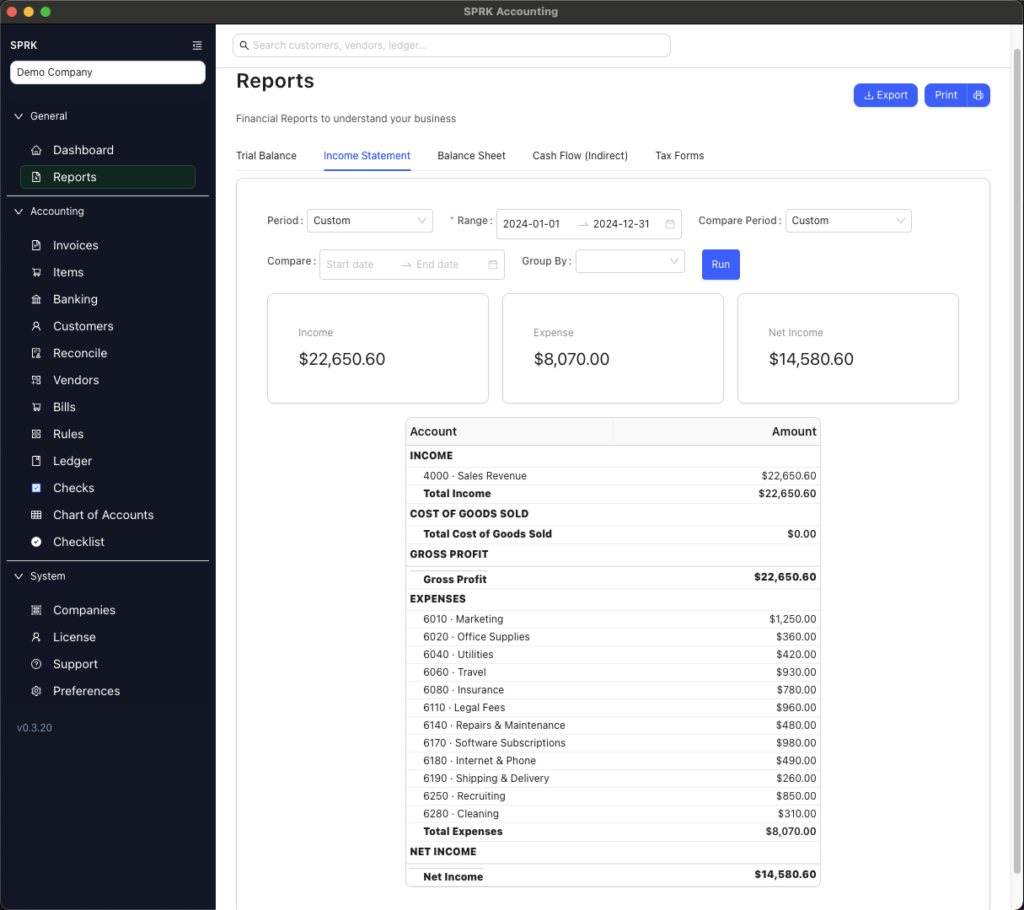 SPRK Accounting Software Income Statement, Profit & Loss, P&L