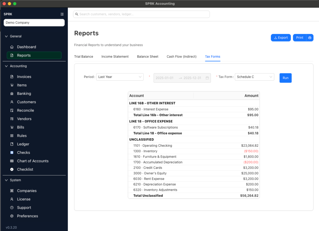 SPRK Desktop Accounting Software - Tax Form Report