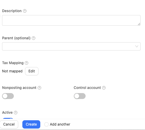 New Account drawer showing Nonposting account and Control account switches
