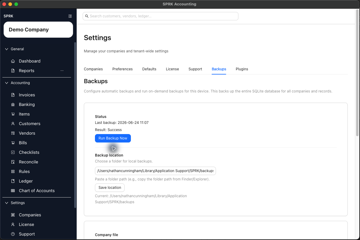 Backups page showing Run Backup Now completed successfully in the user application support backup folder