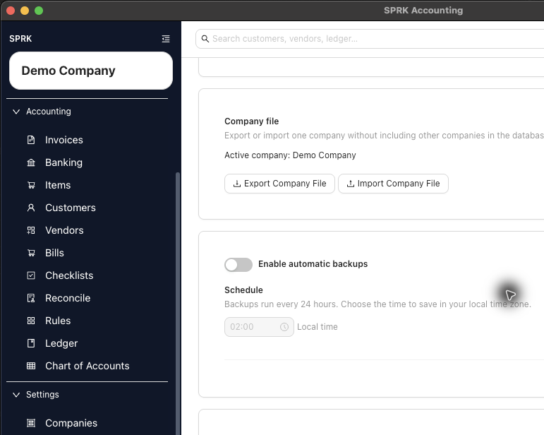 Backups page showing Company File export and import controls