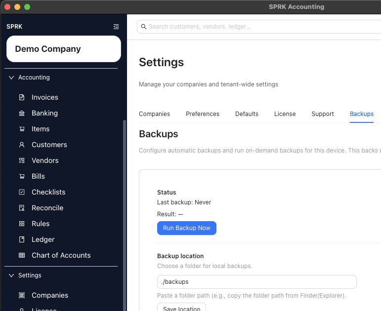 Backups page showing backup status, backup path, Run Backup Now, and Company File controls