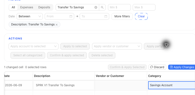 Transfer row categorized to the savings account before confirmation