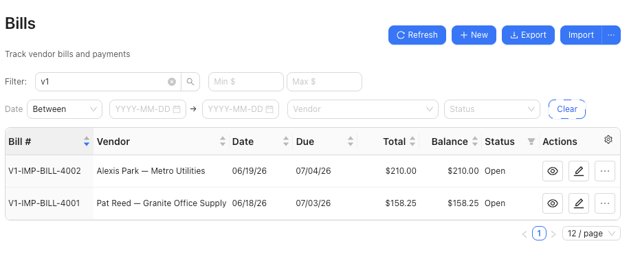 Bill grid filtered to V1 imported bills showing grouped-line CSV import results