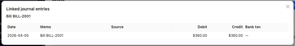 Bill linked journal entries showing the payable posting trail