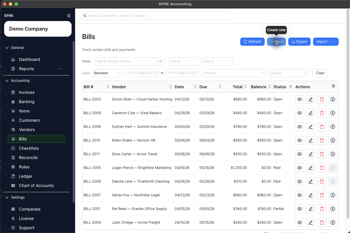 Bills list showing payable balances and payment actions