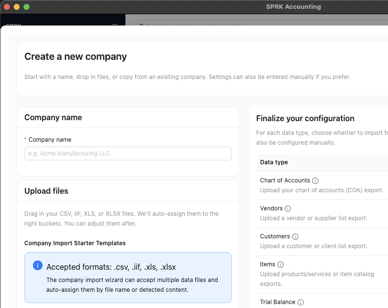 Import Wizard showing starter templates, accepted formats, upload target, and data-type source slots