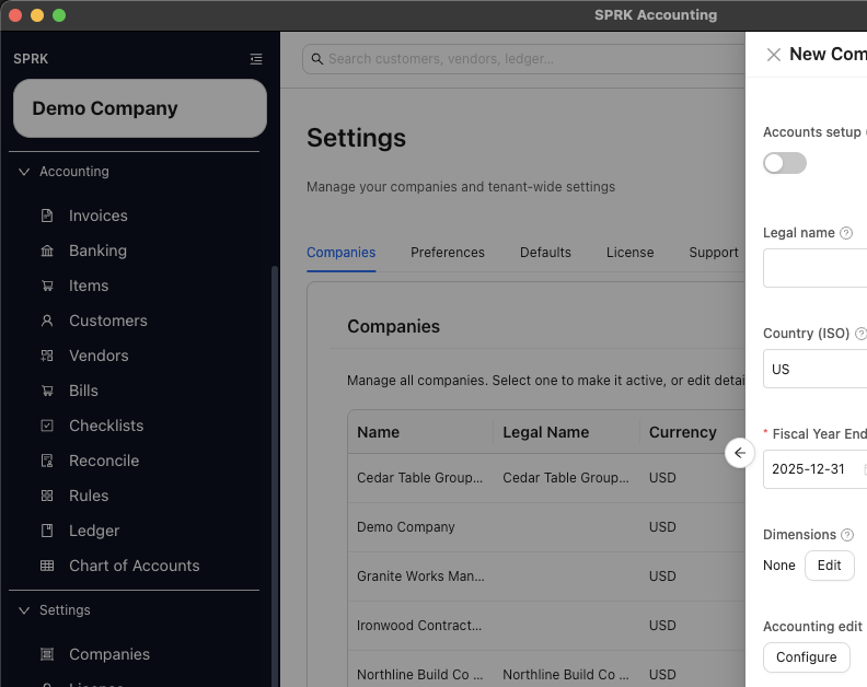 Companies page new-company drawer showing required setup fields