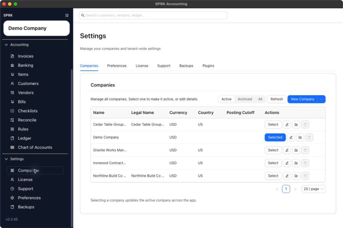 Companies tab showing active companies, filters, refresh, new-company actions, and company row controls