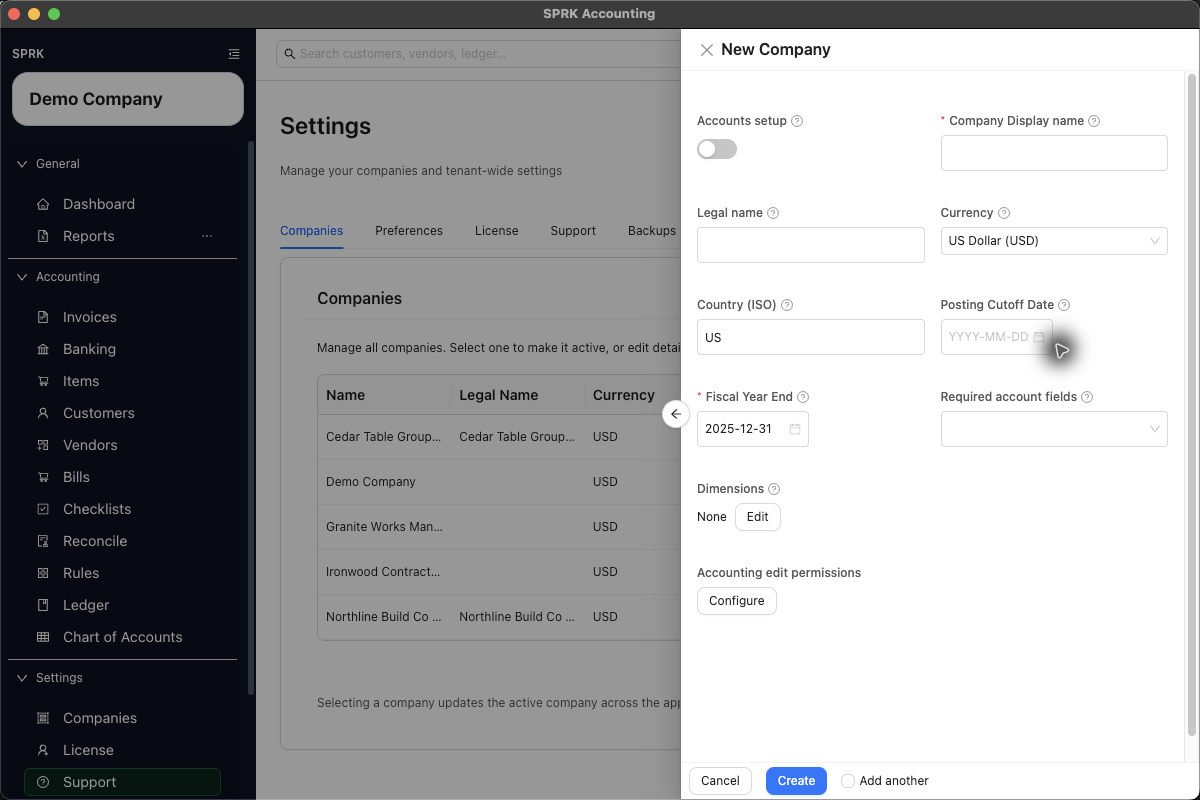 New company drawer showing account fields and accounting edit permissions
