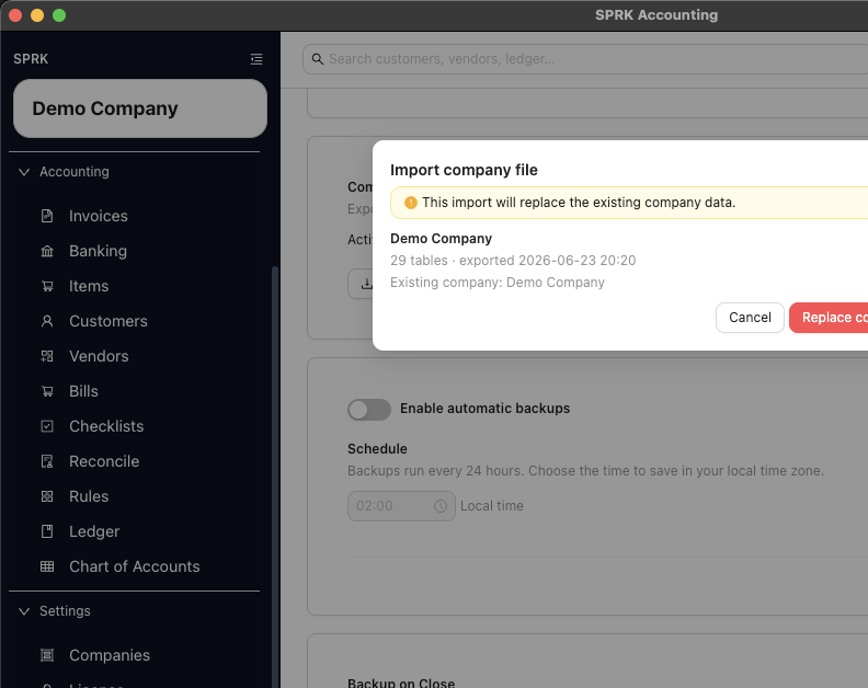 Company File import preview showing table count, export timestamp, and replace warning
