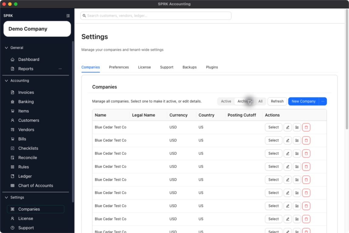 Companies tab filtered to Archived companies with edit, archive, and delete maintenance actions visible