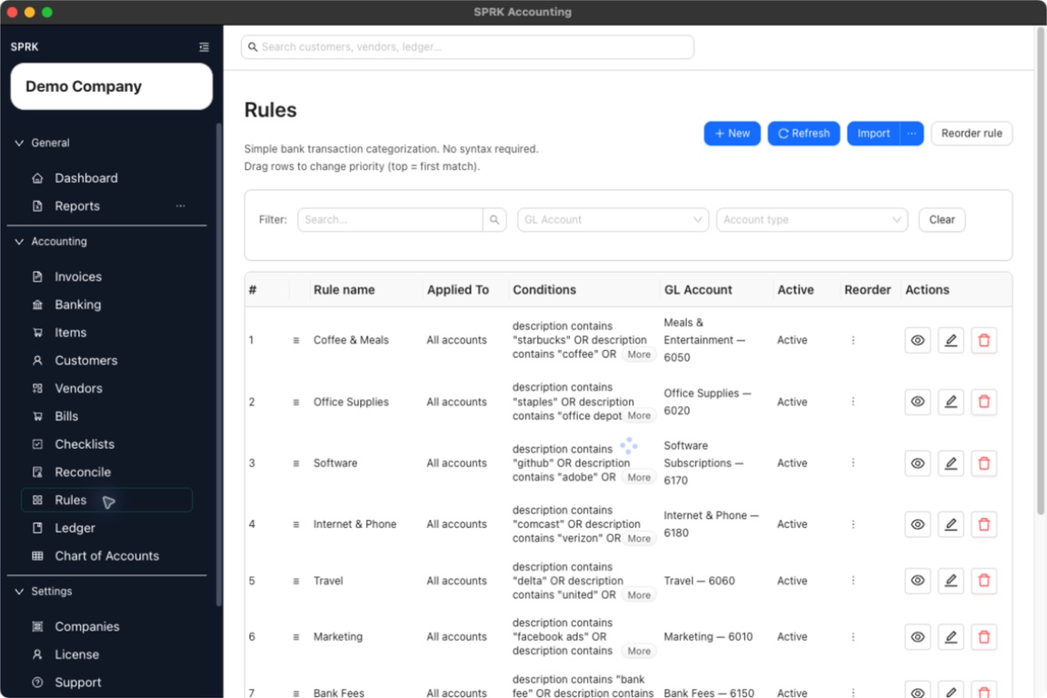 Rules page showing filters, priority order, active banking rules, and row actions