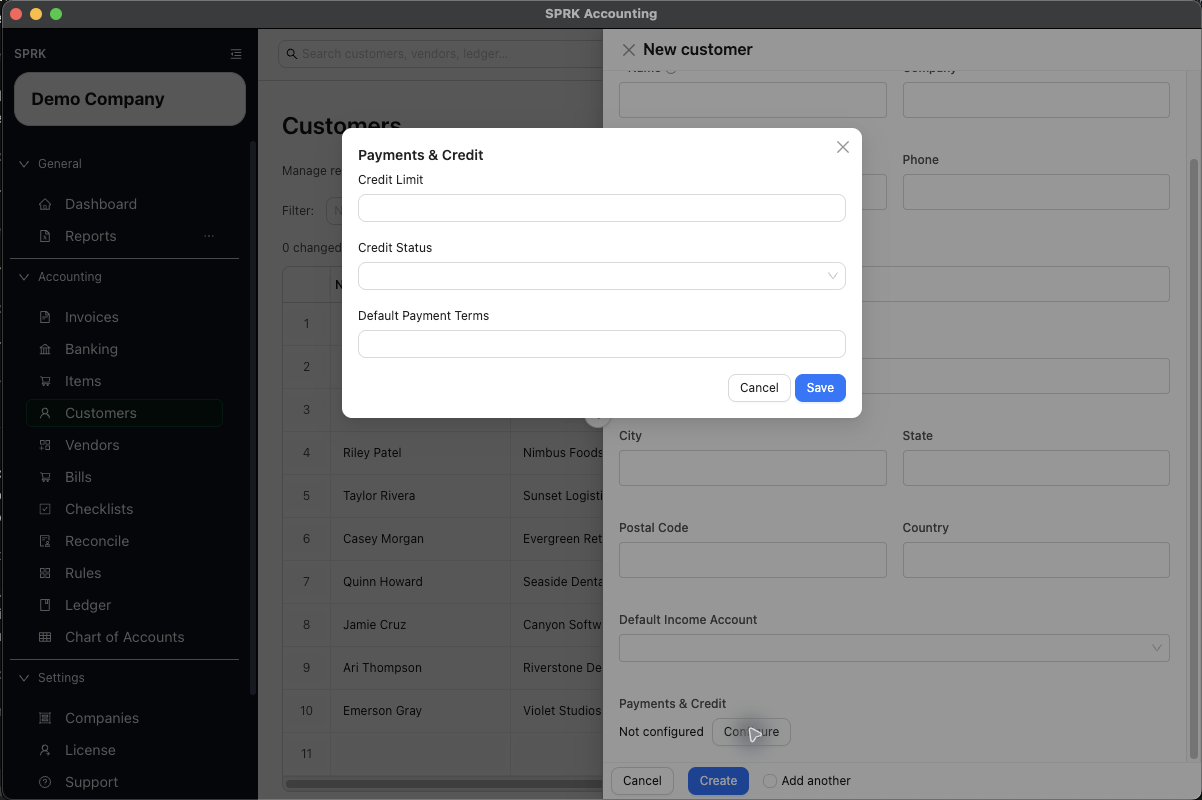 Payments and Credit configuration modal for a customer