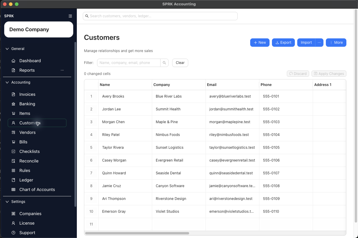 Customers list with editable customer records