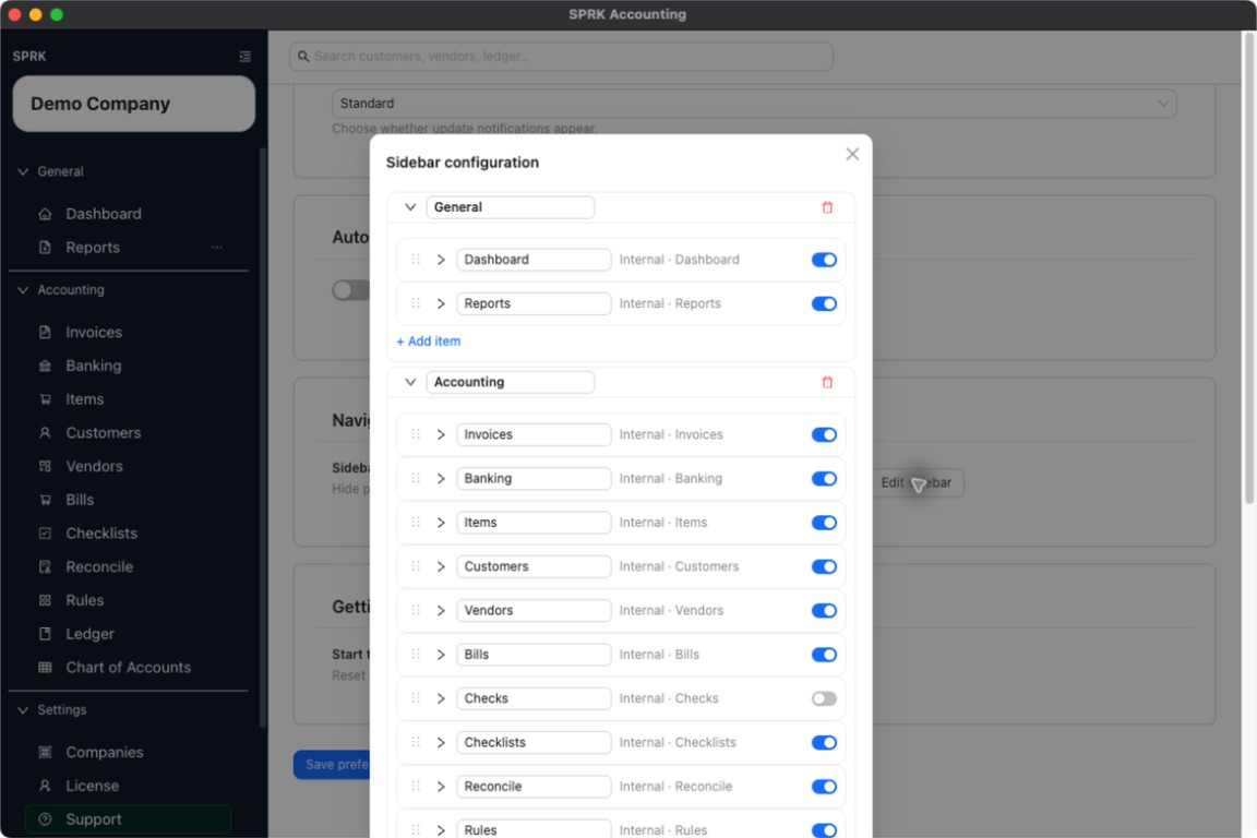 Sidebar configuration modal showing editable sidebar sections, item labels, reorder controls, and visibility toggles