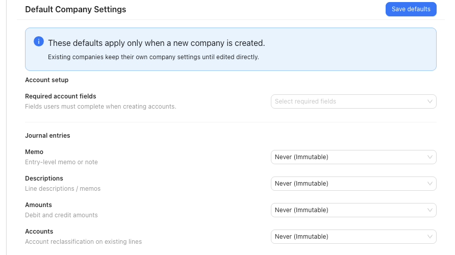 Default Company Settings panel showing tenant defaults for required account fields, journal entries, and reconciliation dates