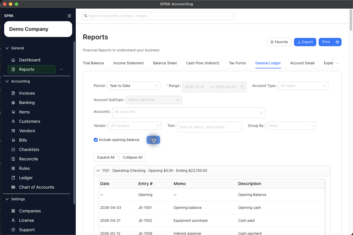 Populated General Ledger report with account groups and rows