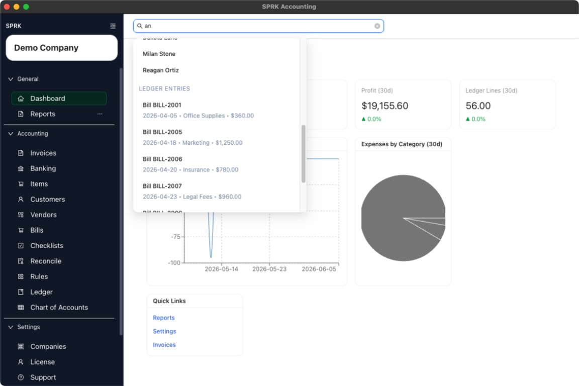 Global search results showing ledger entries returned from the app header search field