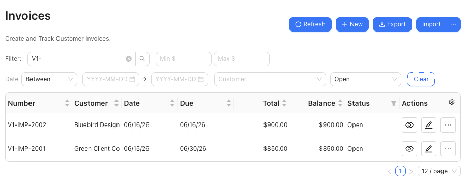 Invoice grid filtered to V1 imported invoices showing grouped-line CSV import results