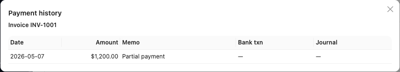 Invoice payment history showing payment application details