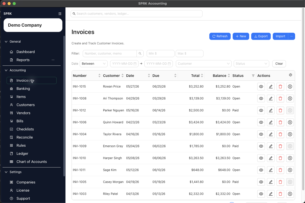 Invoices list showing payment actions and invoice status context