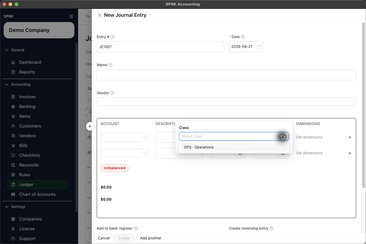 New Journal Entry drawer showing the Class dimension selector on a journal line