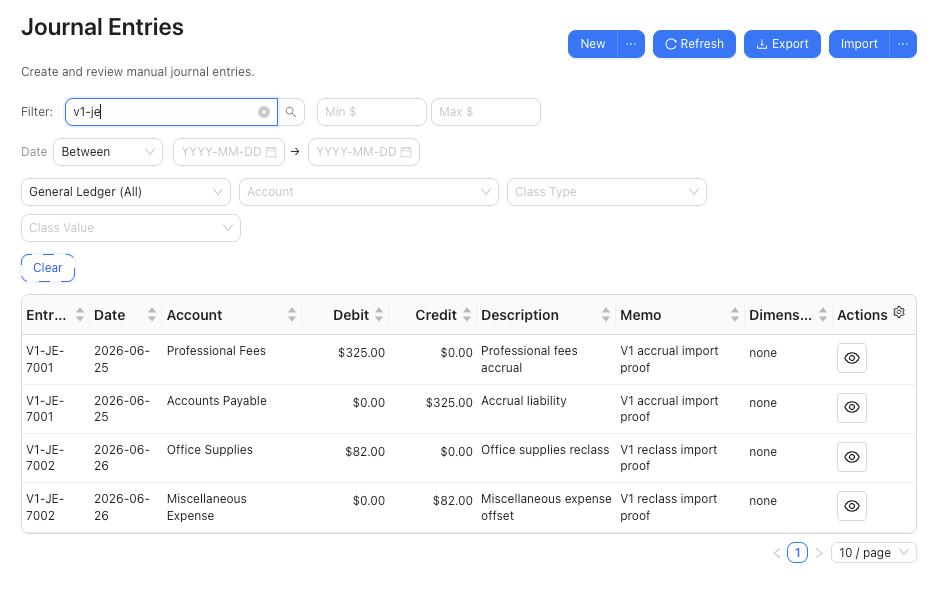 Journal Entries grid filtered to imported V1 journal entries after commit