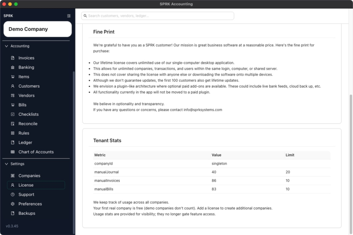 SPRK License tab showing fine print and tenant usage stats
