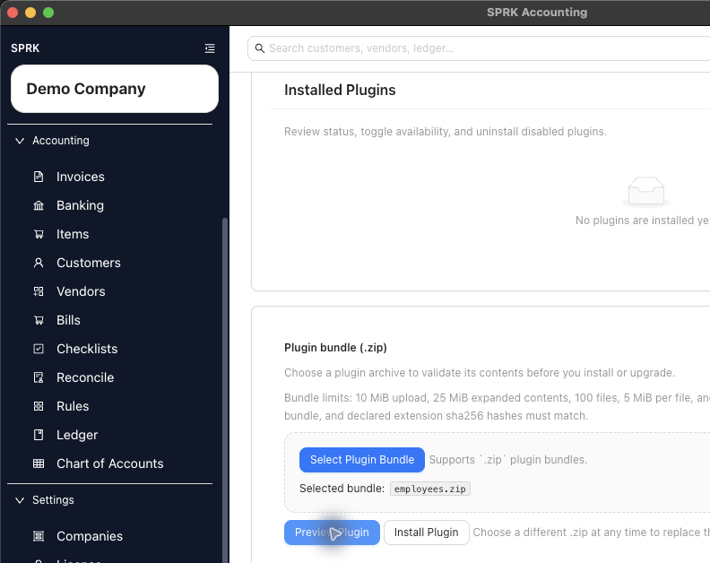 Plugin preview summary showing selected bundle, plugin metadata, and install gate