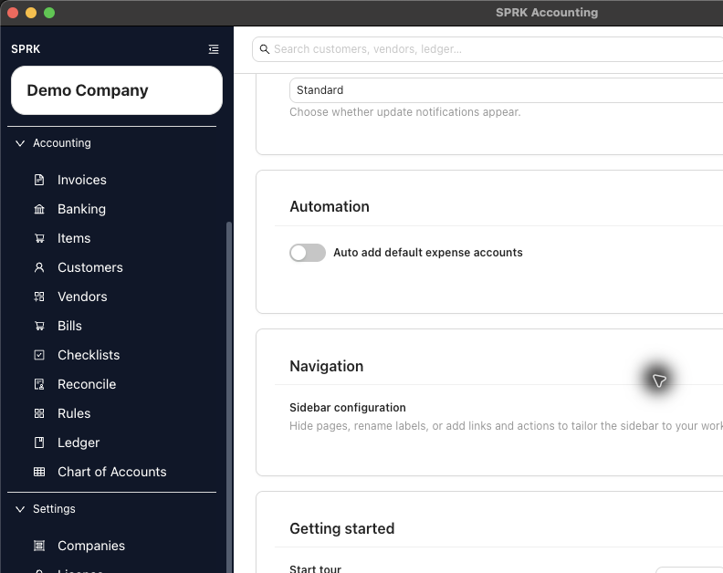 Preferences sidebar configuration entry used to show hidden pages such as Checks