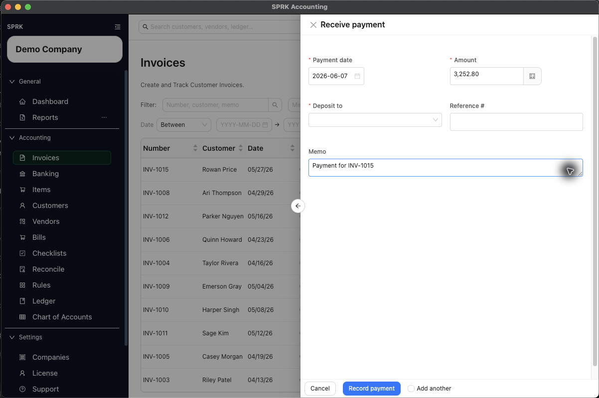 Receive payment drawer opened from an open invoice