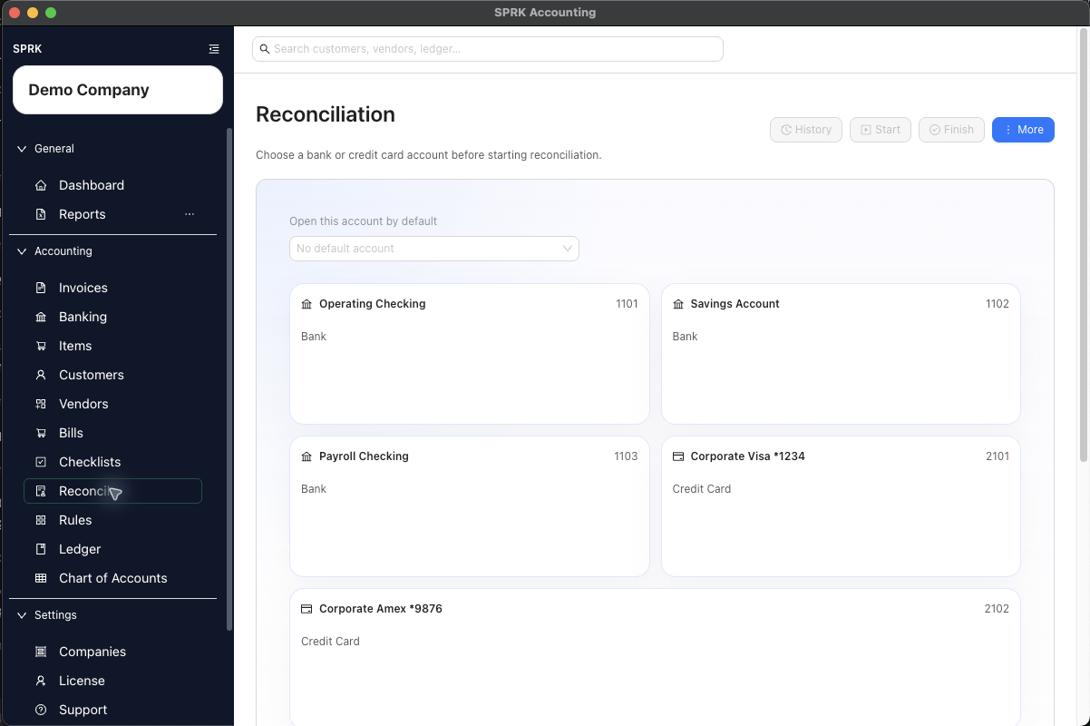 Reconciliation account selection for starting balance context