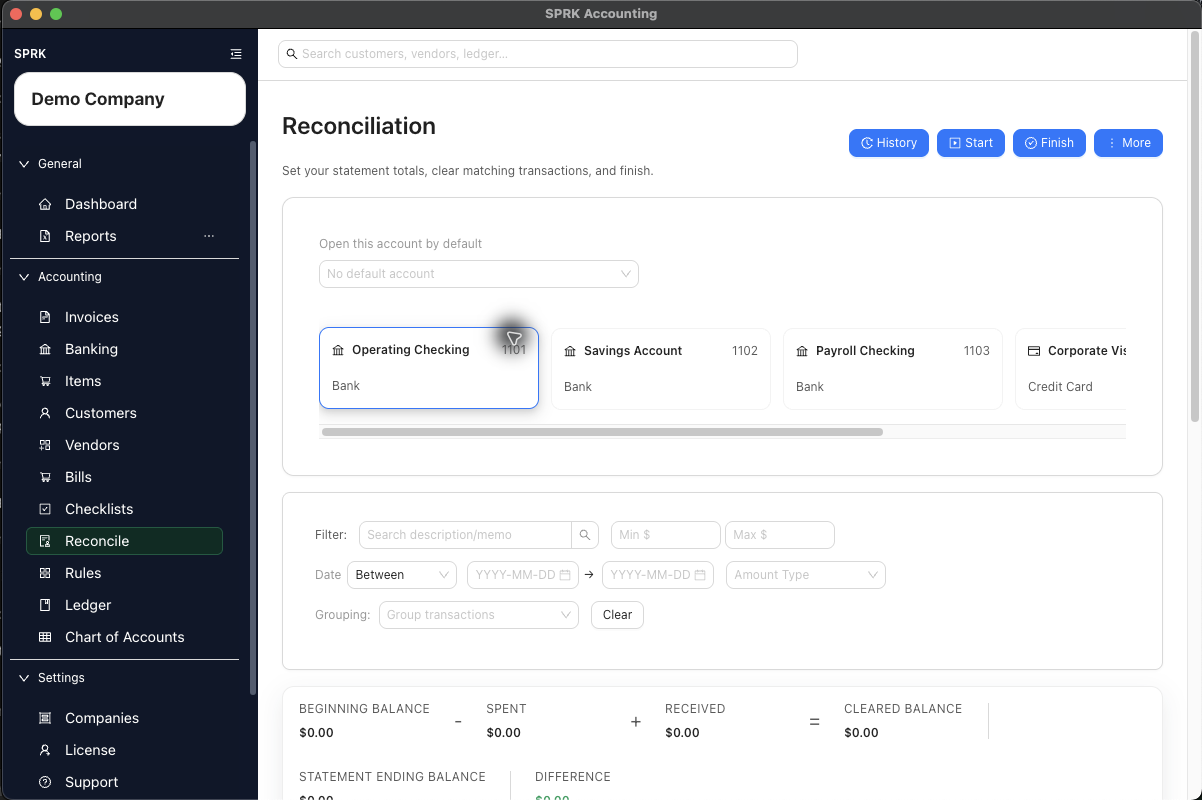 Active reconciliation summary showing cleared balance and difference