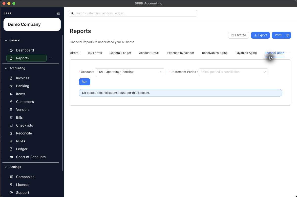 Reports Reconciliation tab opened from Print Bank Rec