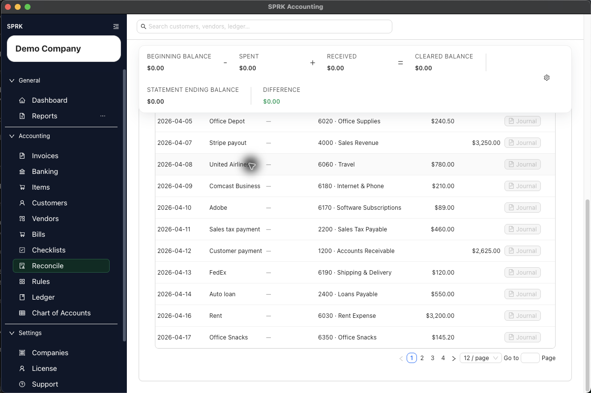 Reconciliation transaction table for reviewing matched bank activity