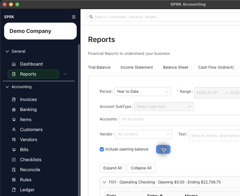 General Ledger report rows available for detail review