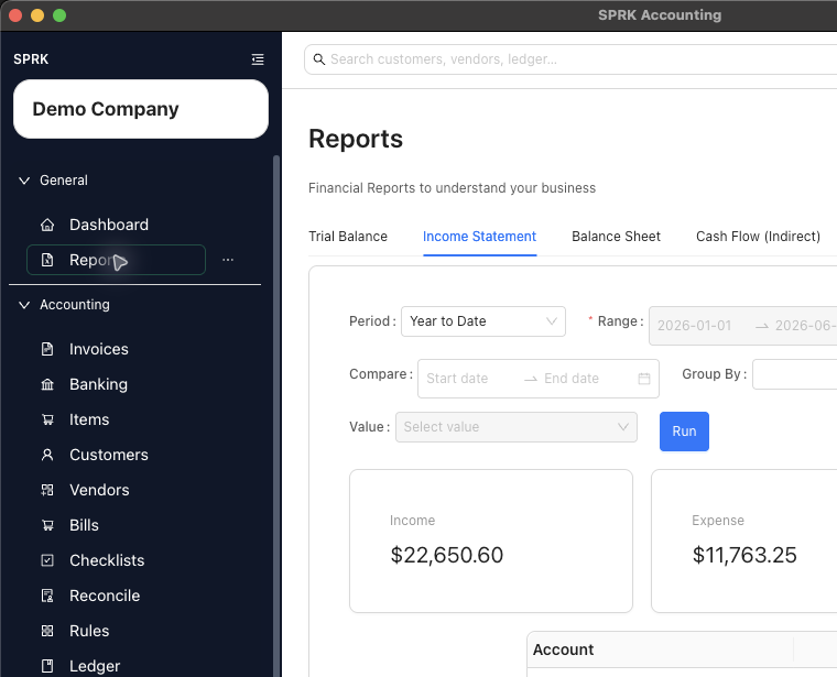 Income Statement report with export controls visible
