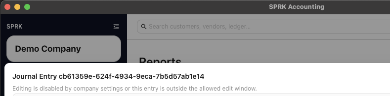 Journal-entry drilldown modal opened from a report row