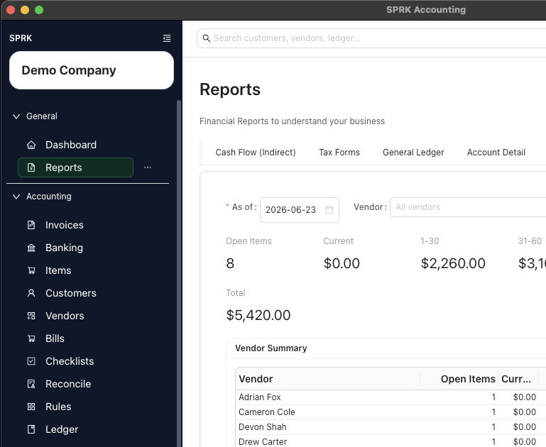 Payables aging report with summary and detail rows