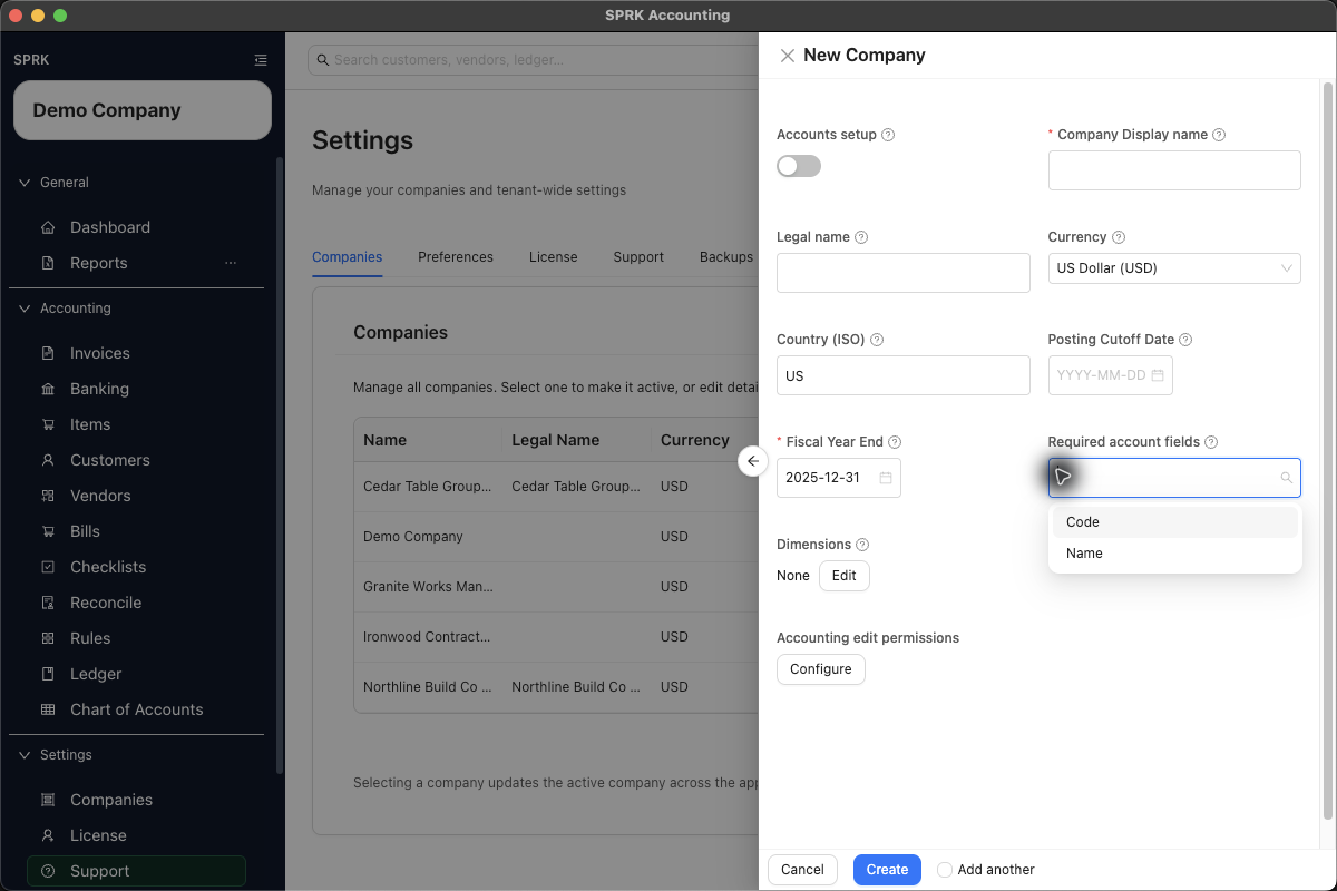 Required account fields selector showing Code and Name choices
