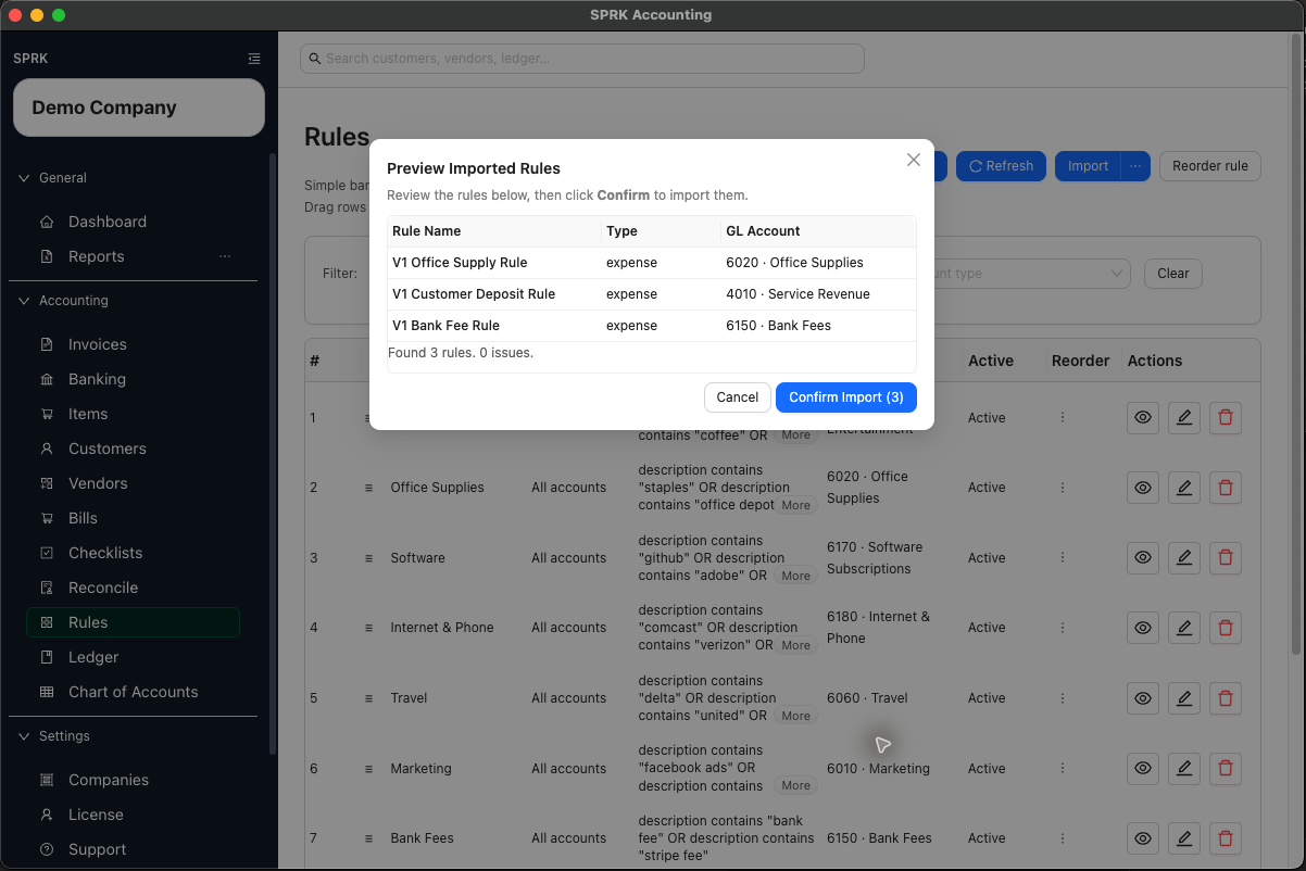 Rules import preview showing three reusable rule drafts with zero issues