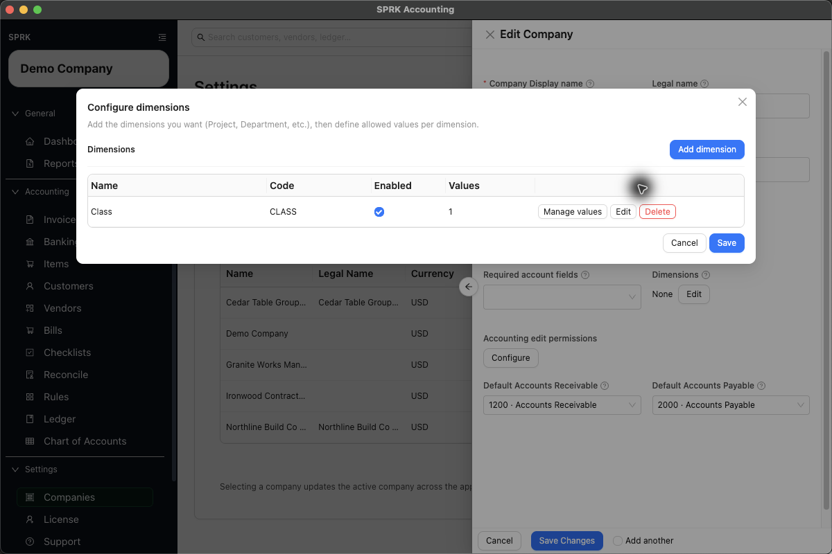Configure dimensions modal showing an enabled Class dimension with one allowed value