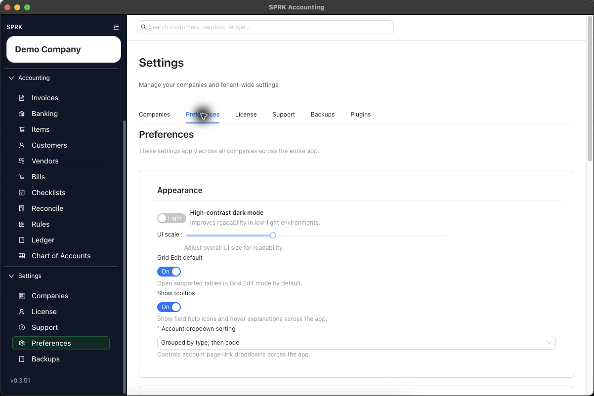 Preferences page showing the Show tooltips switch in the Appearance card