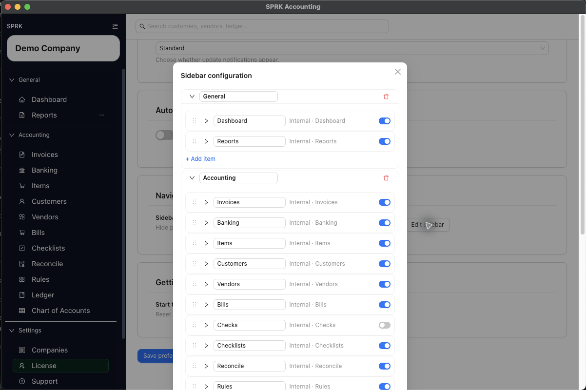Sidebar configuration modal with visible and hidden navigation items