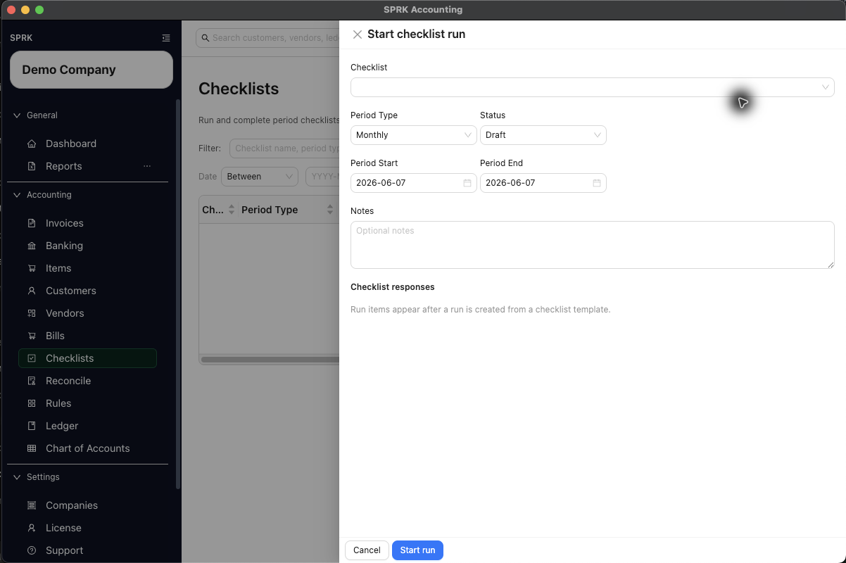 Start checklist run drawer for recurring close-style tasks