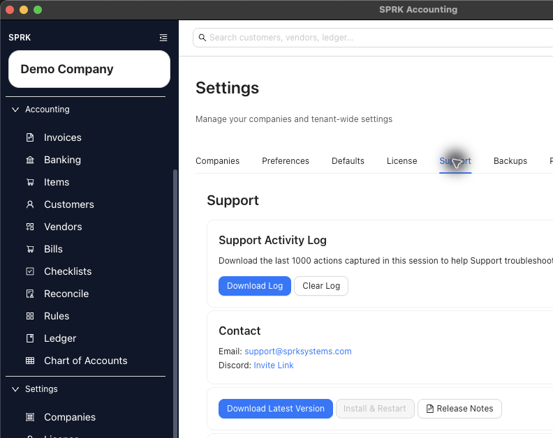 Support tab showing support activity log, contact information, release controls, and guide sync context