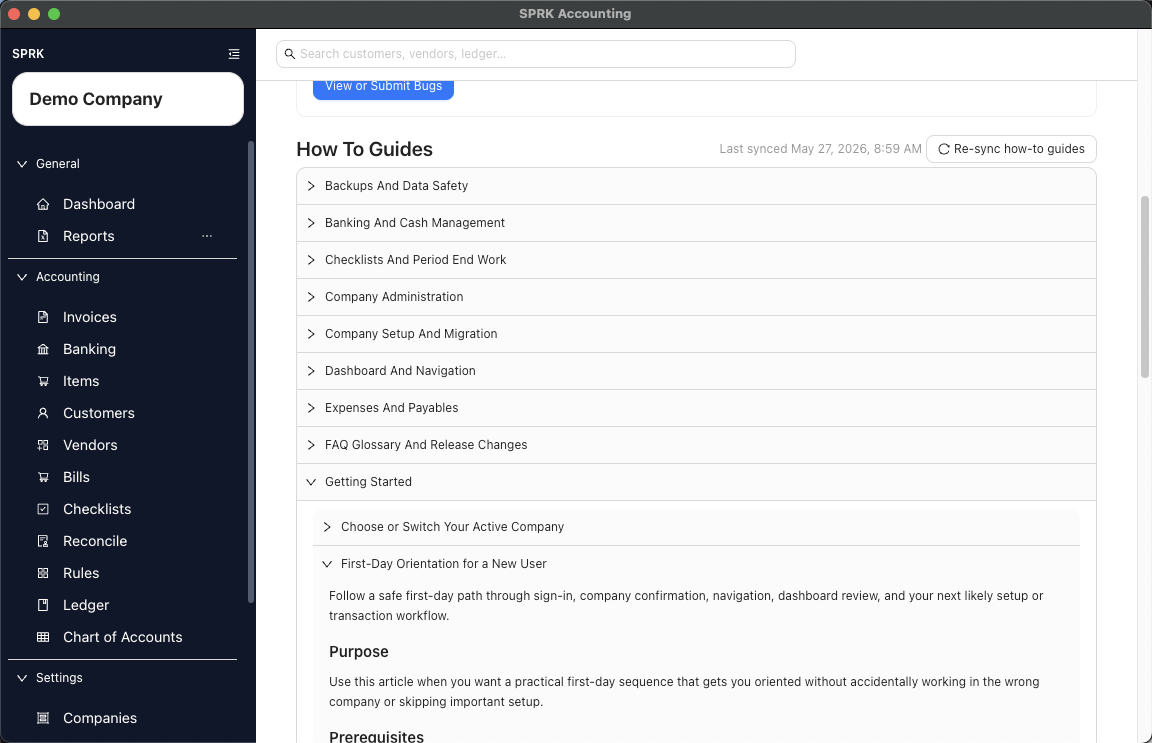 Support tab showing support activity log actions, contact options, updater controls, Release Notes, bug reporting, and How To Guides