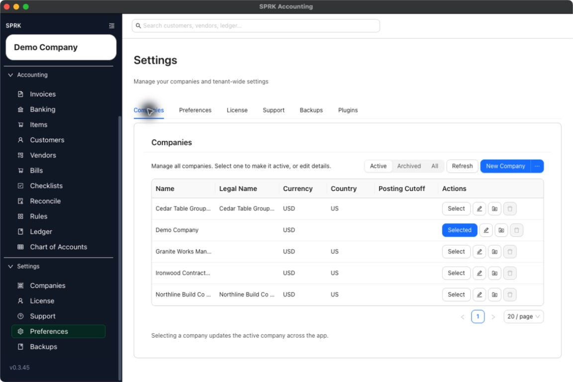 Companies tab showing Demo Company selected and other active companies available to select